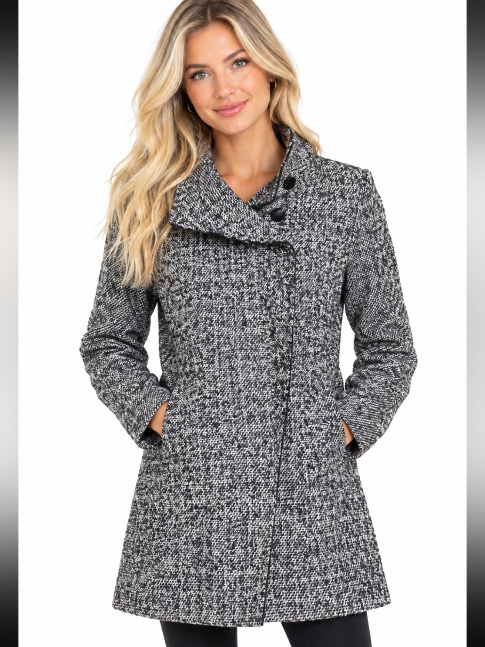 DKNY Wool Blend Asymmetrical Neck Trim Button Front Coat Black & White Size 1X